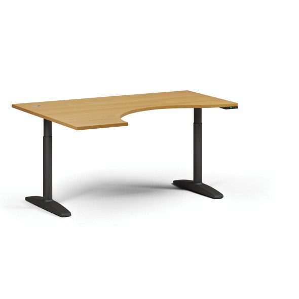 Stół z regulacją wysokości OBOL, elektryczny, 675-1325 mm, ergonomiczny lewy, blat 1600x1200 mm, podstawa czarna, buk