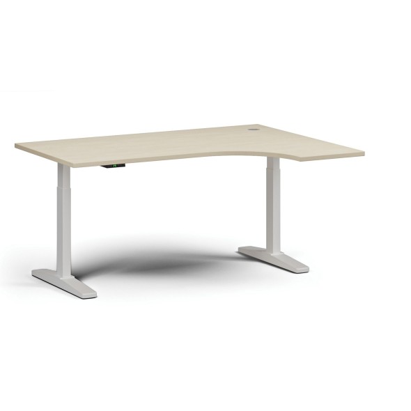 Stół z regulacją wysokości, elektryczny, 675-1325 mm, narożnik prawy, blat 1600x1200 mm, podstawa biała, brzoza