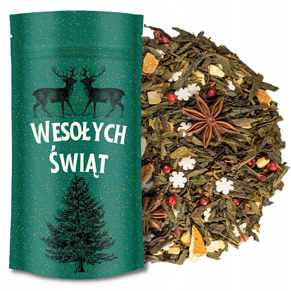 Herbata zielona ŚWIĄTECZNA ISKRA na prezent zimowa płatki śniegu orzech 50g