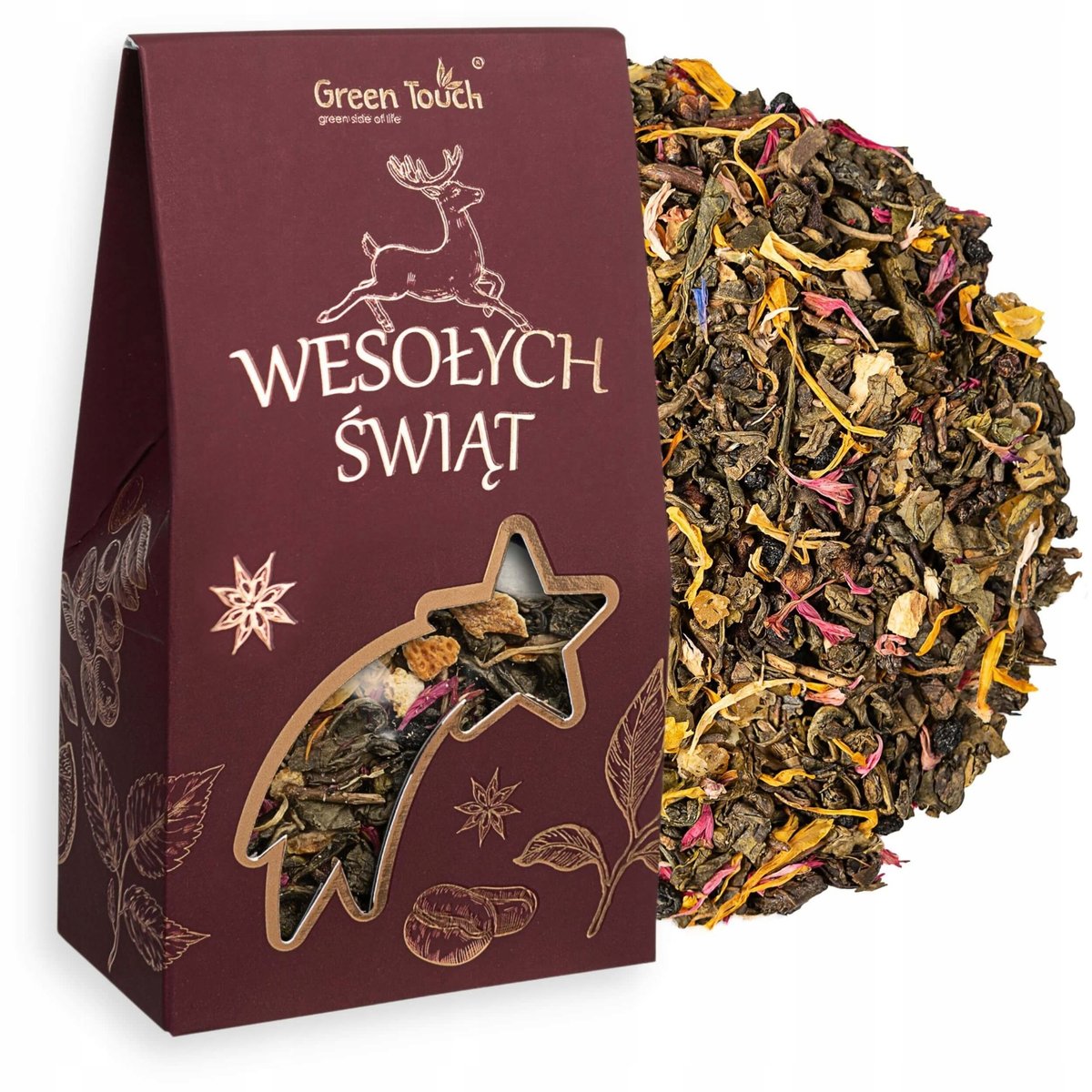 Herbata zielona świąteczna w pudełu GWIAZDKOWE ZŁOTO na prezent zimowa 40g