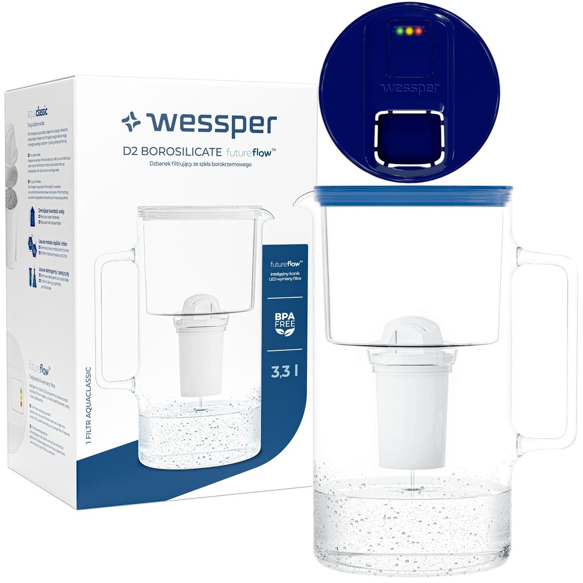 Szklany dzbanek filtrujący Wessper FutureFlow Aquaclassic + 1x Filtr wody 3,3 l Granatowy