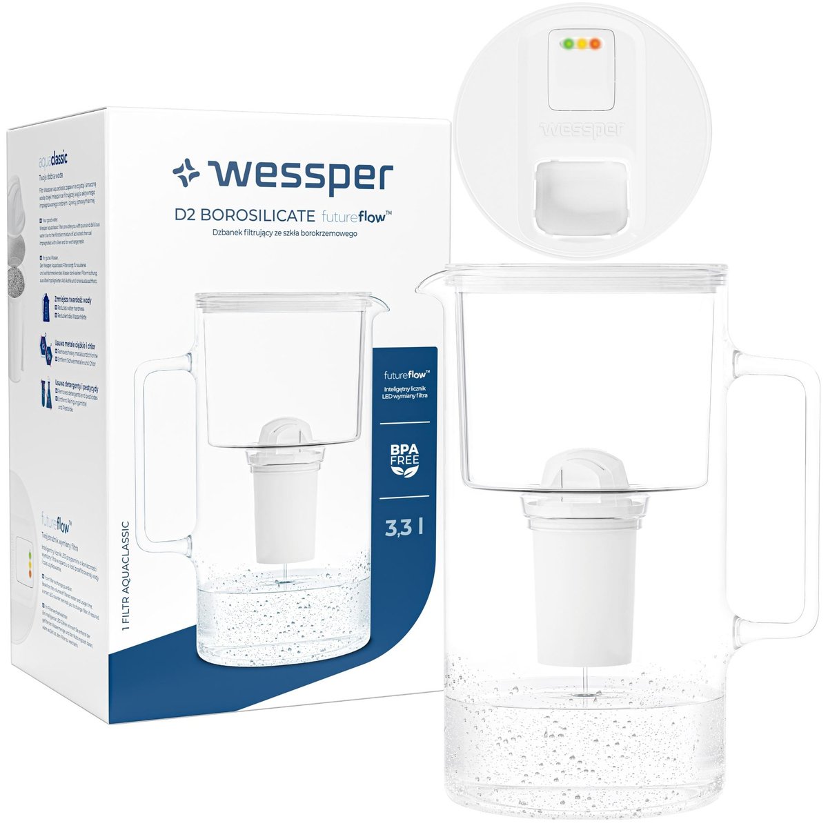 Szklany dzbanek filtrujący Wessper FutureFlow Aquaclassic + 1x Filtr wody 3,3 L Biały