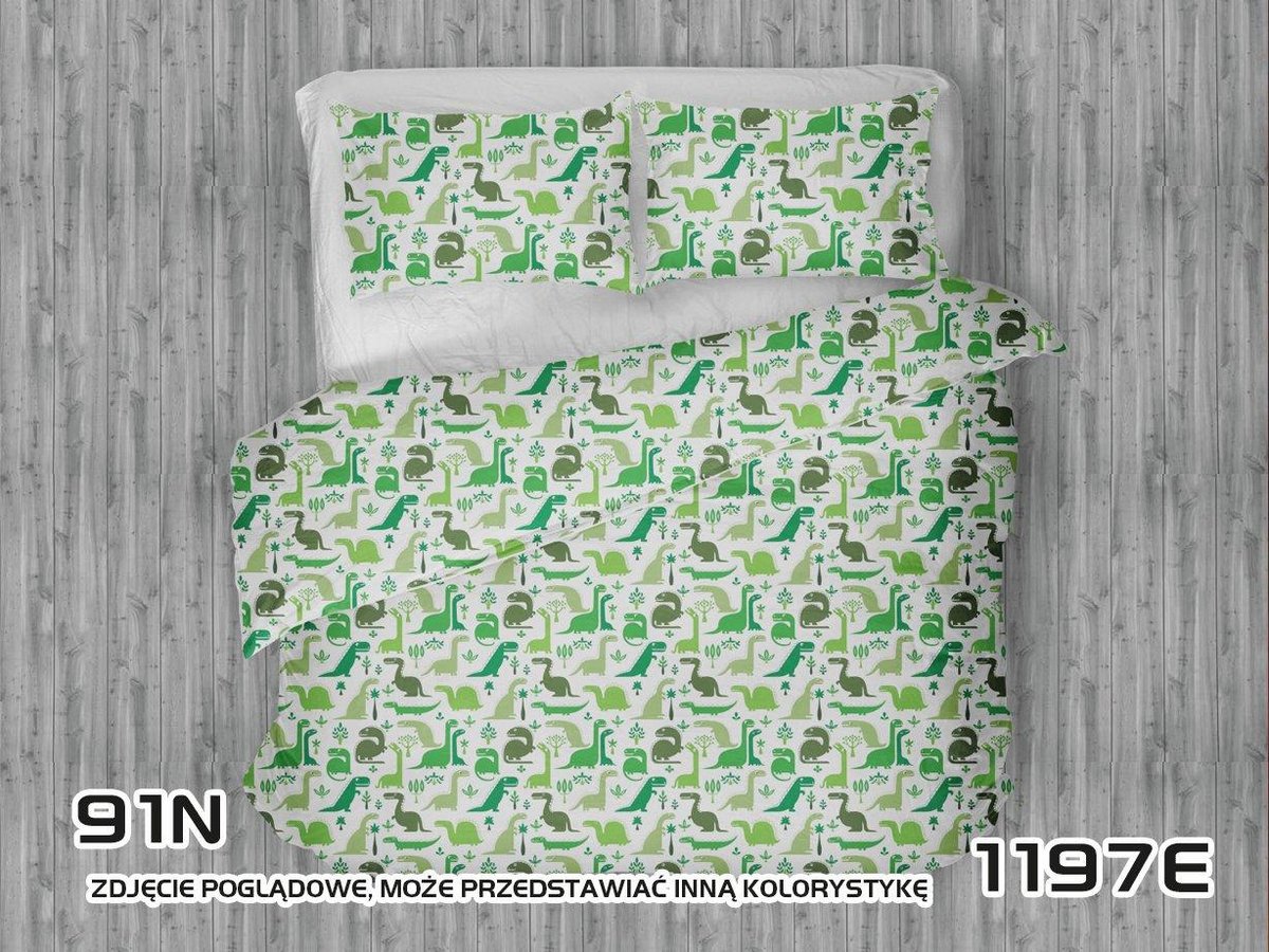 Pościel 160x200 1197E biała Dinozaury zielone oliwkowe