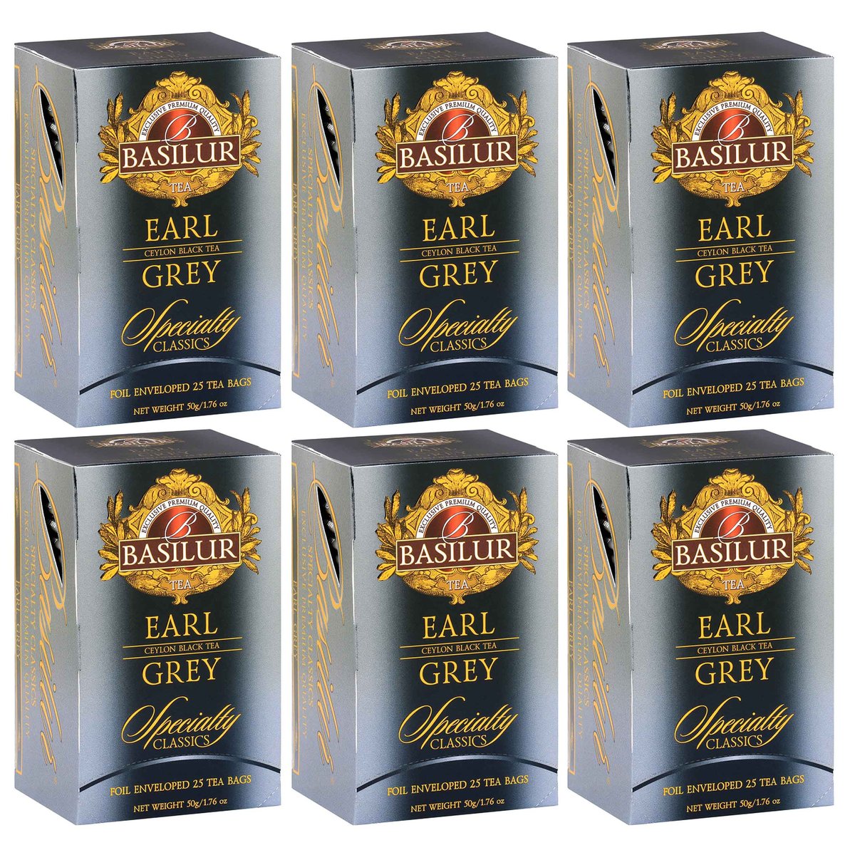 BASILUR Earl Grey- Czarna herbata cejlońska z olejkiem bergamotowym w saszetkach, 25x2g x6