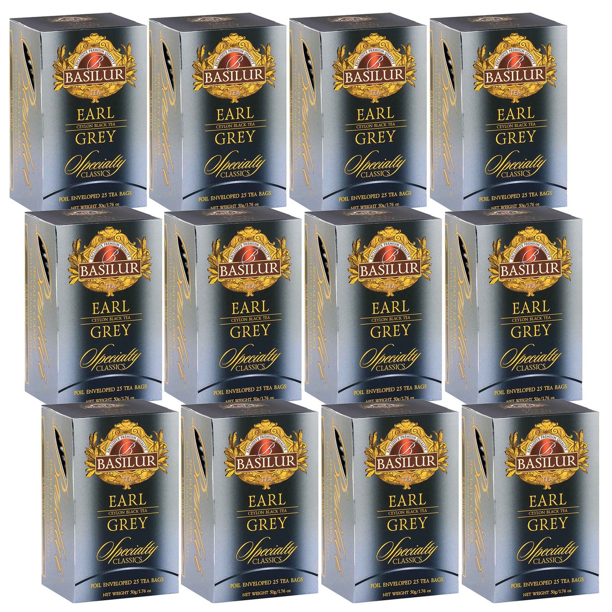 BASILUR Earl Grey- Czarna herbata cejlońska z olejkiem bergamotowym w saszetkach, 25x2g x12