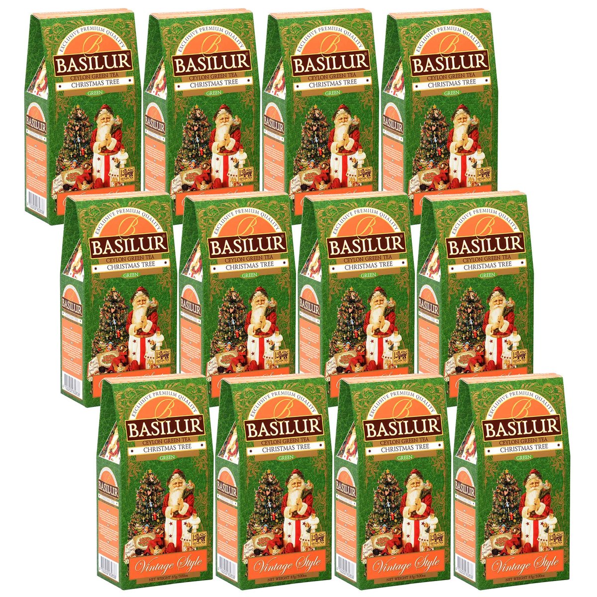 BASILUR Christmas Tree Zielona herbata liściasta z dodatkiem chabru oraz nutą mago i limonki, świąteczna herbata 85 g x12