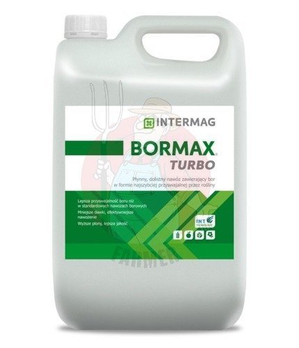 BORMAX TURBO to płynny nawóz dolistny zawierający 150 g boru (B) w 1 litrze w formie boroetanoloaminy wzbogacony w Technologię INT, ułatwiającą pobi..