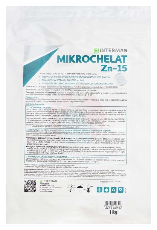 MIKROCHELAT Zn-15 zawiera 150 g Zn/kg (15%). Cynk jest w pełni schelatowany przez EDTA. Cynk (Zn) w formie chelatu jest szybciej wchłaniany, przemie..