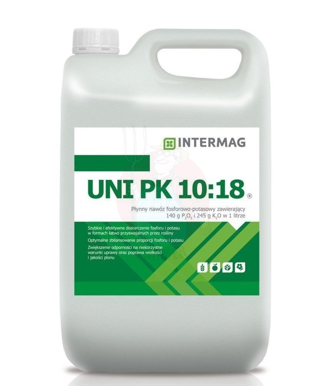 UNI PK 10:18 to płynny nawóz zawierający fosfor i potas (140 g P2O5 i 245 g K2O w 1 litrze) w formach łatwo dostępnych dla roślin. Stosowany nalistn..