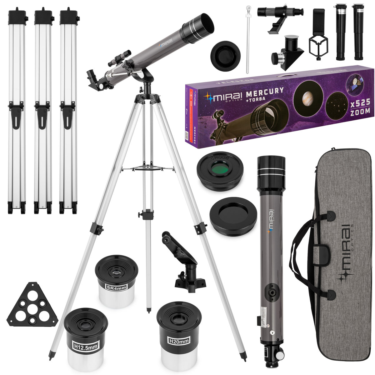 Teleskop Astronomiczny - Zoom 525x F70070 - Statyw, Okulary, Adapter, Filtry, Torba - Mirai Optics Mercury