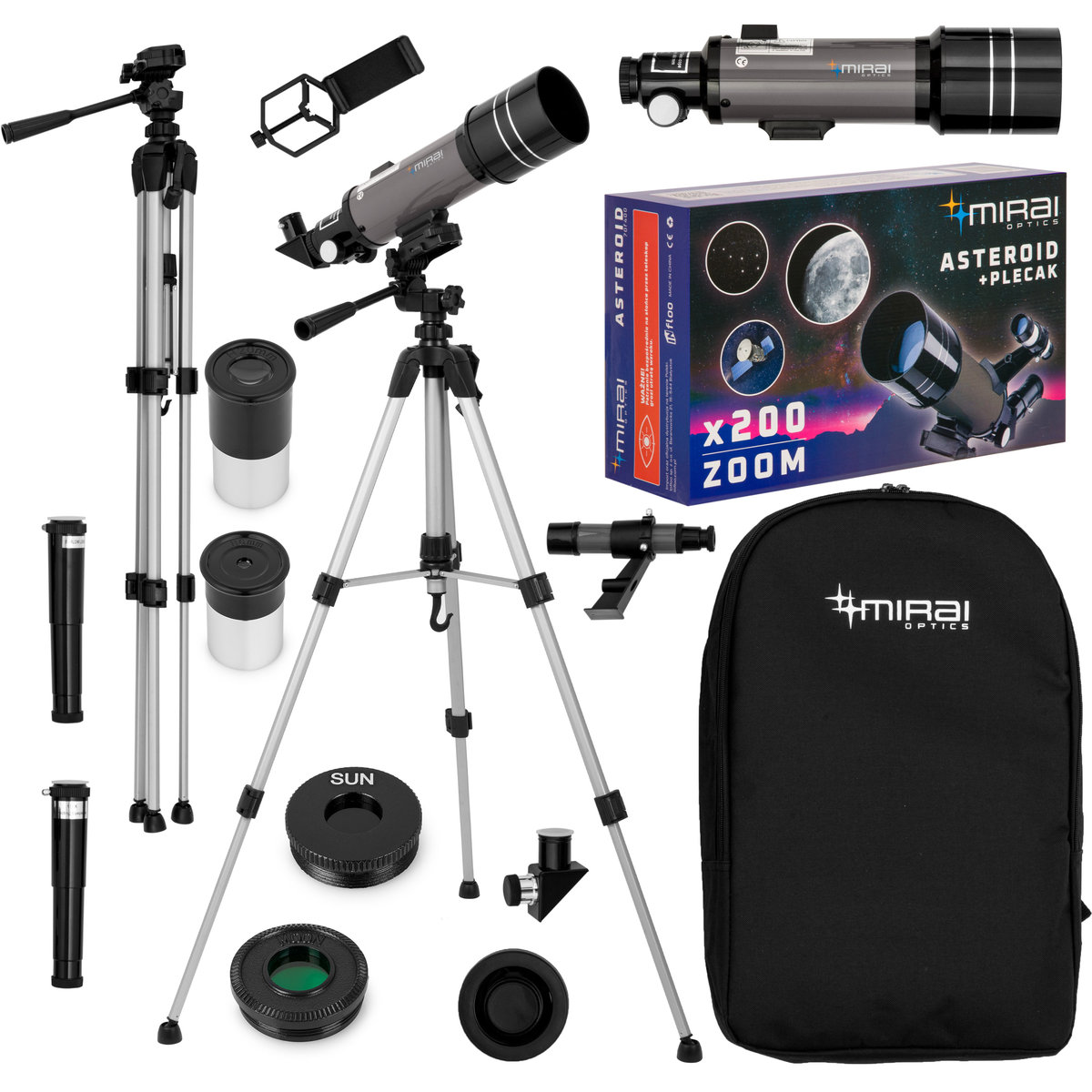 Teleskop Edukacyjny - Zoom 200x F40070 - Statyw, Okulary, Adapter, Filtry, Plecak - Mirai Optics Asteroid