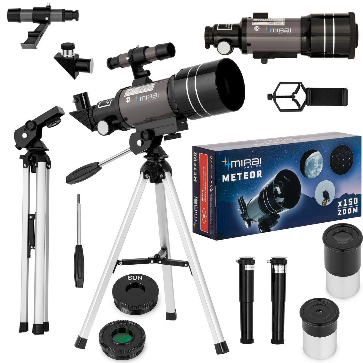 Teleskop Edukacyjny - Zoom 150x F30070 - Statyw, Okulary, Adapter, Filtry, Plecak - Mirai Optics Meteor