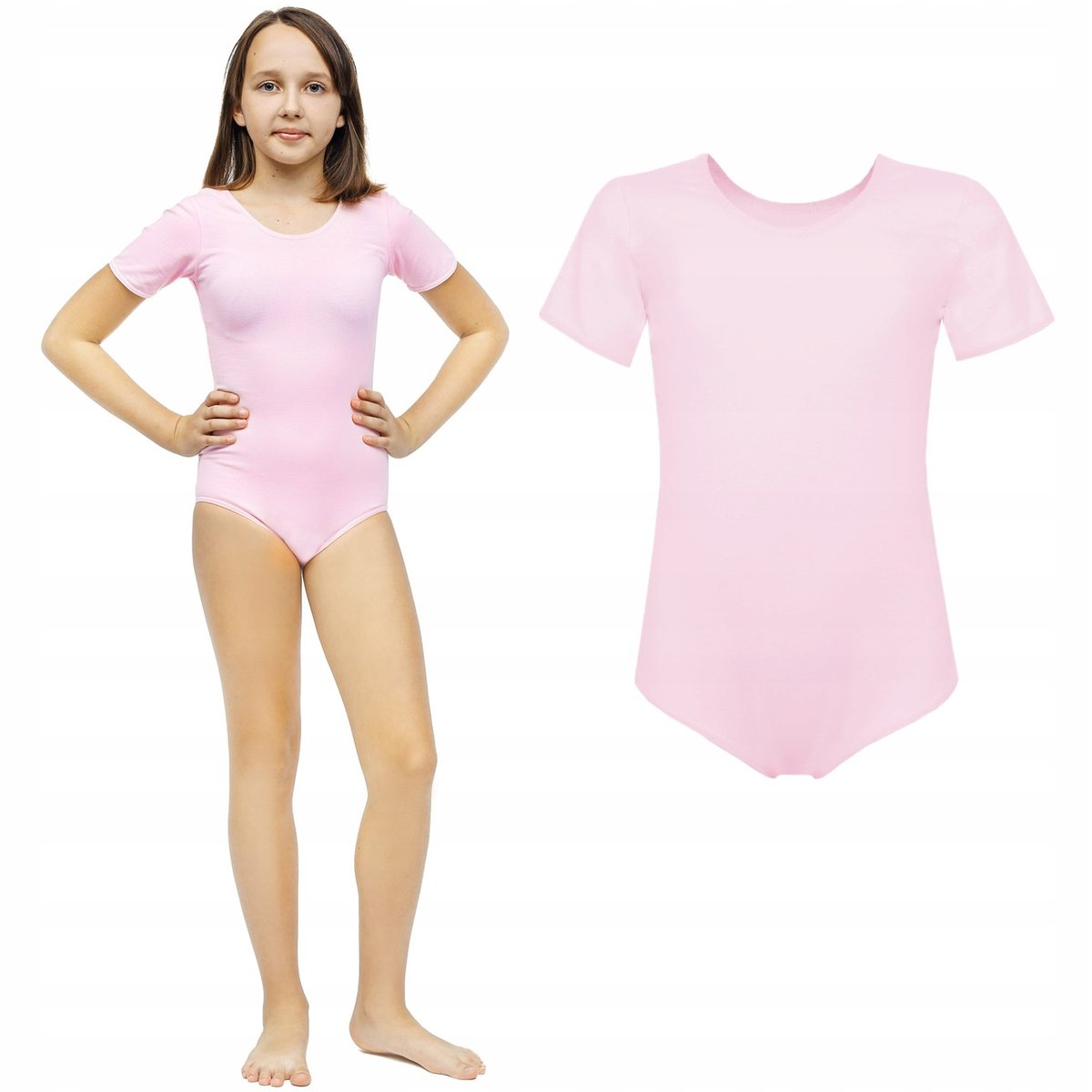 Body do gimnastyki artystycznej, tańca, baletowe dla dziewczynki krótkie bawełniane RÓŻOWE 128