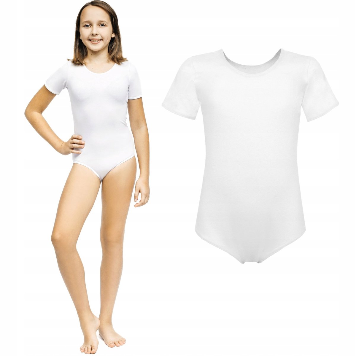 Body do gimnastyki artystycznej, tańca, baletu, ćwiczeń dla dzieci krótki rękaw białe 146
