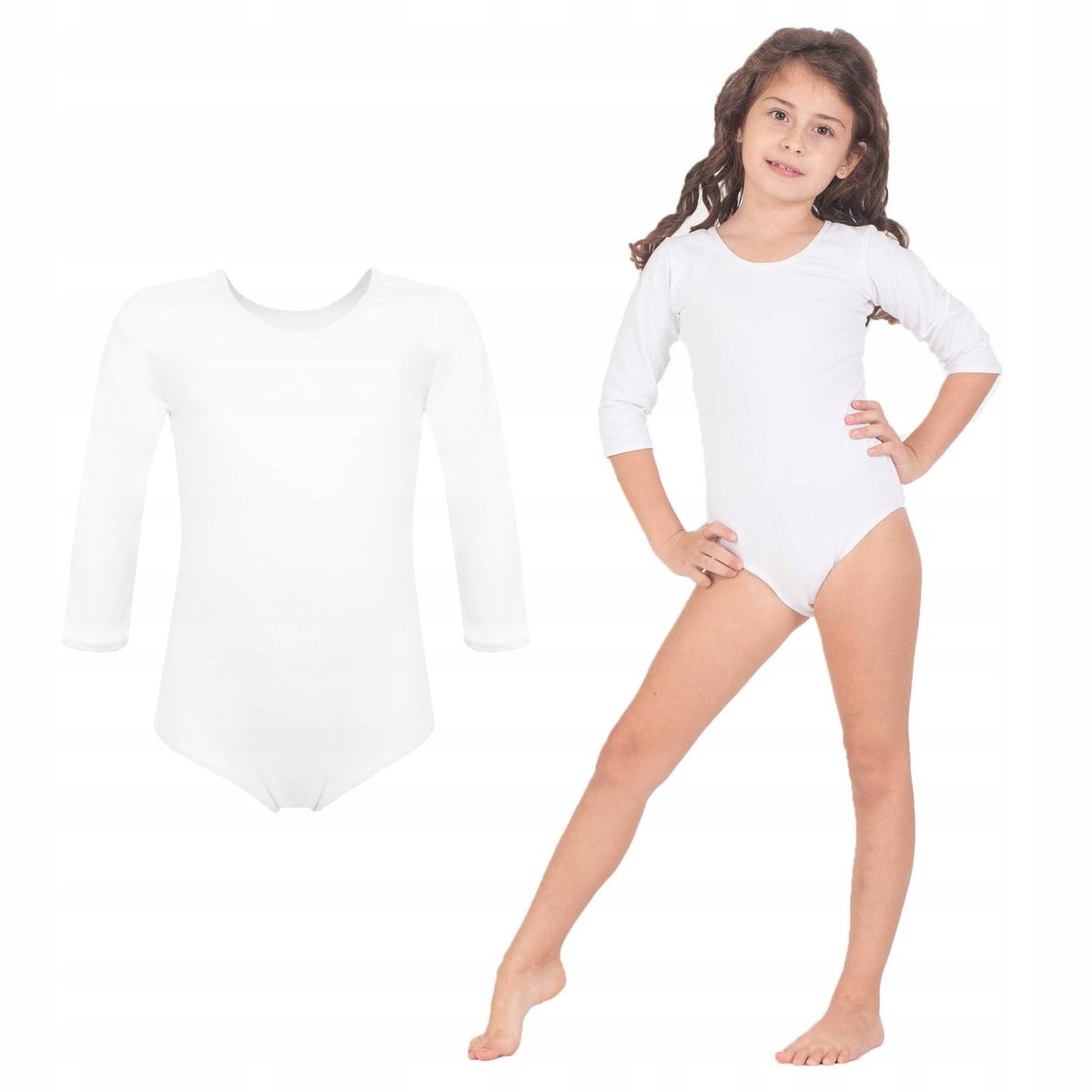 Body gimnastyczne sportowe taneczne dla dziewczynki rękaw 3/4 BIAŁE 122
