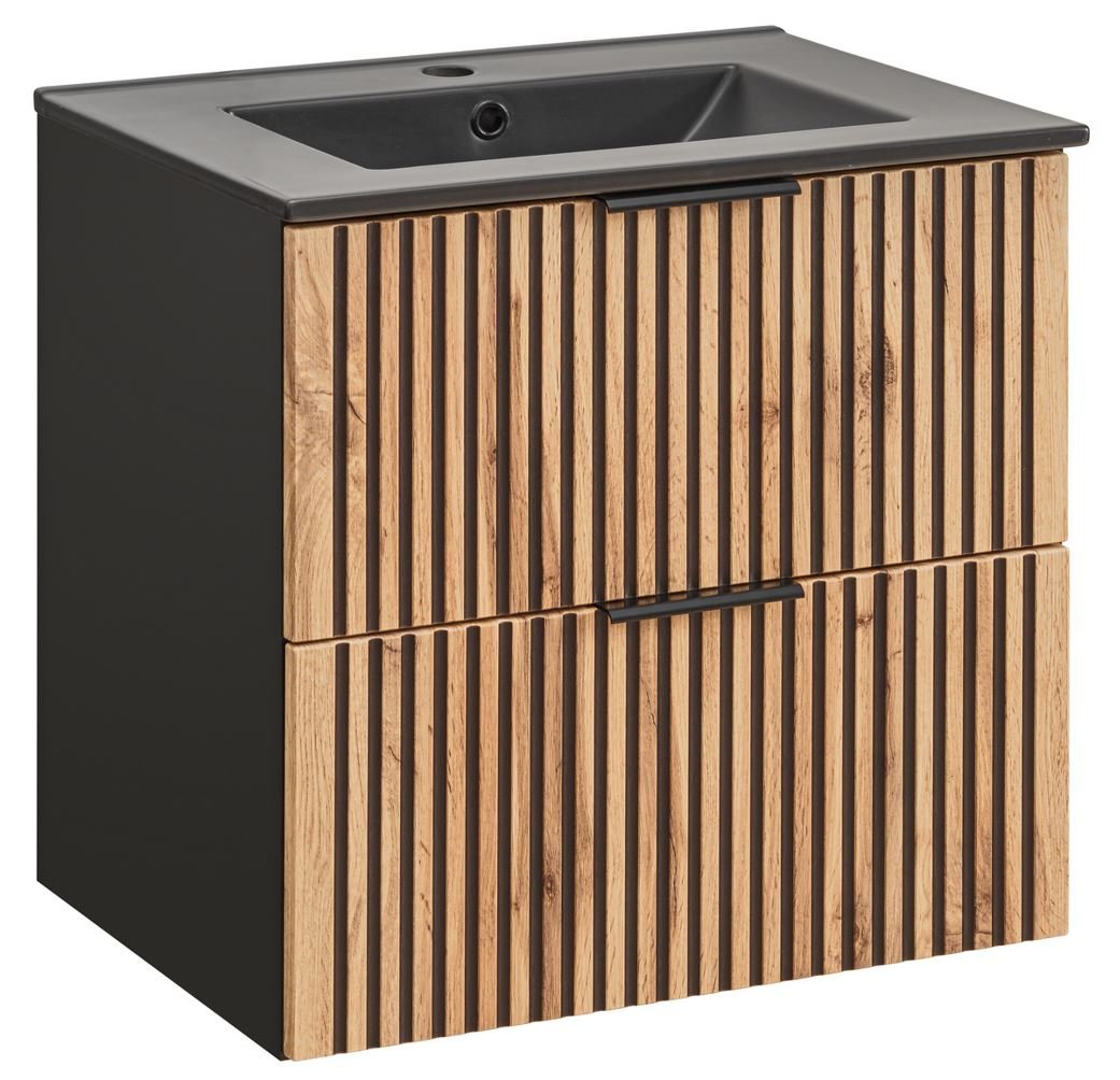 Czarna Szafka Łazienkowa z Czarną UMYWALKĄ 60 cm RYFLOWANY FRONT