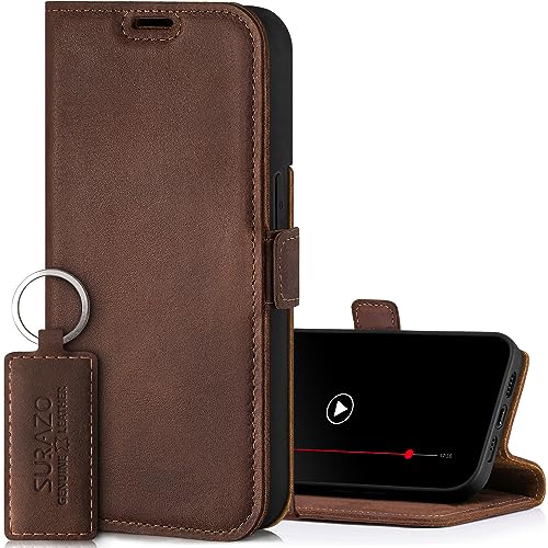 SURAZO Etui na telefon komórkowy Apple iPhone 15 Pro, cienkie, magnetyczne etui ochronne z prawdziwej skóry [z przegródką na karty, ochroną RFID], etui z klapką, skórzane etui (orzechowo-brązowe)