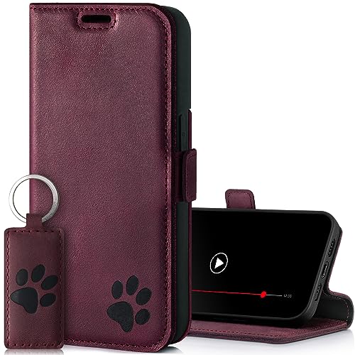 SURAZO Etui na telefon komórkowy Apple iPhone 15 Pro Max, cienkie etui ochronne z prawdziwej skóry, motyw łapy, etui z klapką RFID [funkcja stojaka, przegródka na karty], skórzane etui z klapką