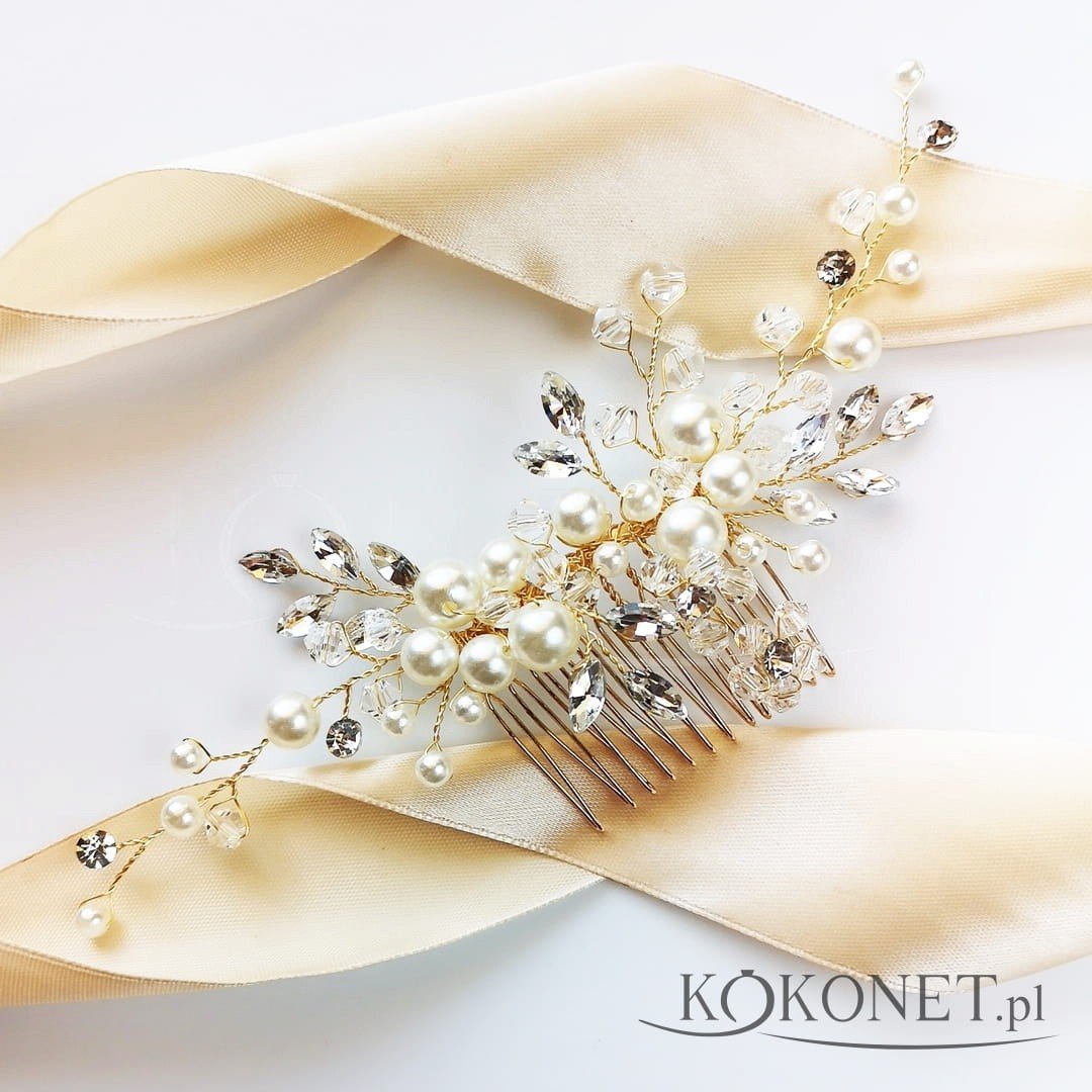 Grzebyk Złoty ślubny z perełkami cyrkoniami i kryształkami