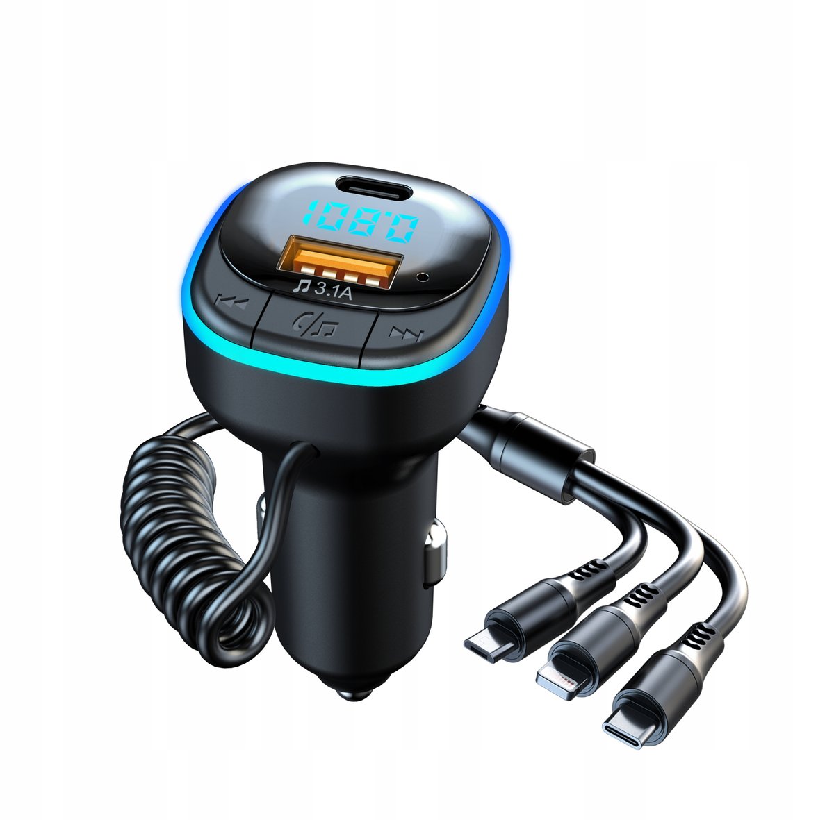 Transmiter Fm Bluetooth 5.0 Mp3 Ładowarka Samochodowa Usb-C Micro Lightning