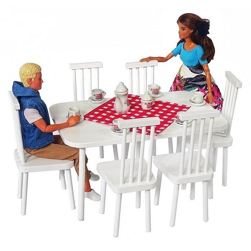 Zestaw Mebelki drewniane dla lalek Barbie : stół 6 osobowy + bieżnik + 6 krzeseł w stylu VINTAGE 8 el.