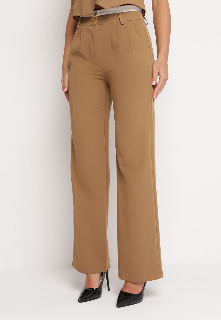 Brązowe Spodnie Garniturowe z Przeszyciami Belluna