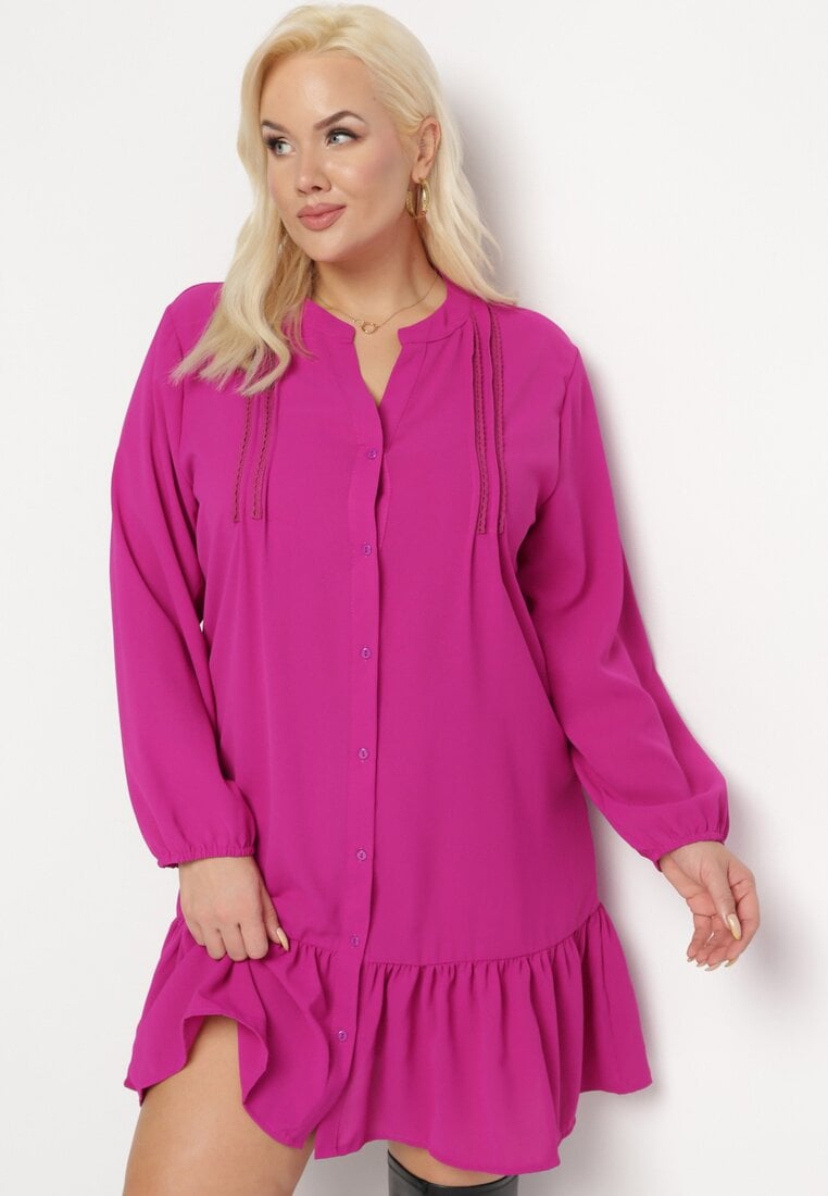 Fioletowa Koszulowa Sukienka Mini z Falbanką Brindel