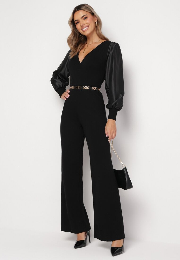 Czarny Długi Kombinezon z Luźnym Rękawem i Paskiem Dolcet