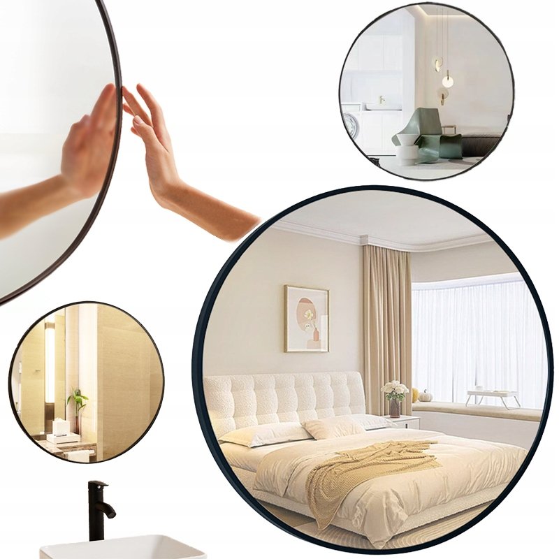 Lustro Ścienne Stylowe Okrągłe Łazienkowe Czarna Rama Średnica 80 Cm Loft
