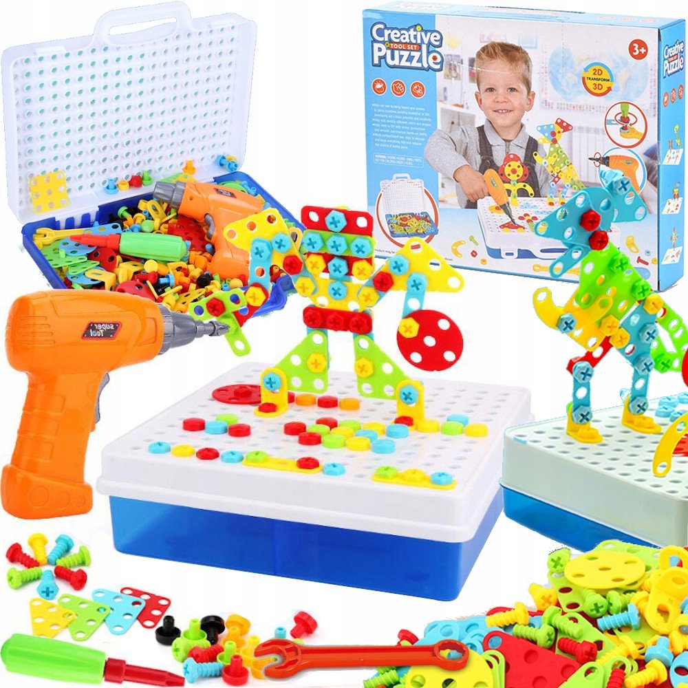 Klocki Konstrukcyjne Kreatywne + Wkrętarka Baterie Śrubki Narzędzia Śrubokręt 218 El.