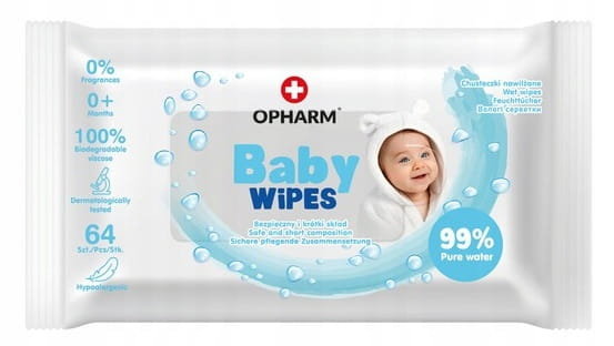 Opharm Baby Wipes Chusteczki Nawilżane 99% Wody Nasączone Wodą 64 Sztuki