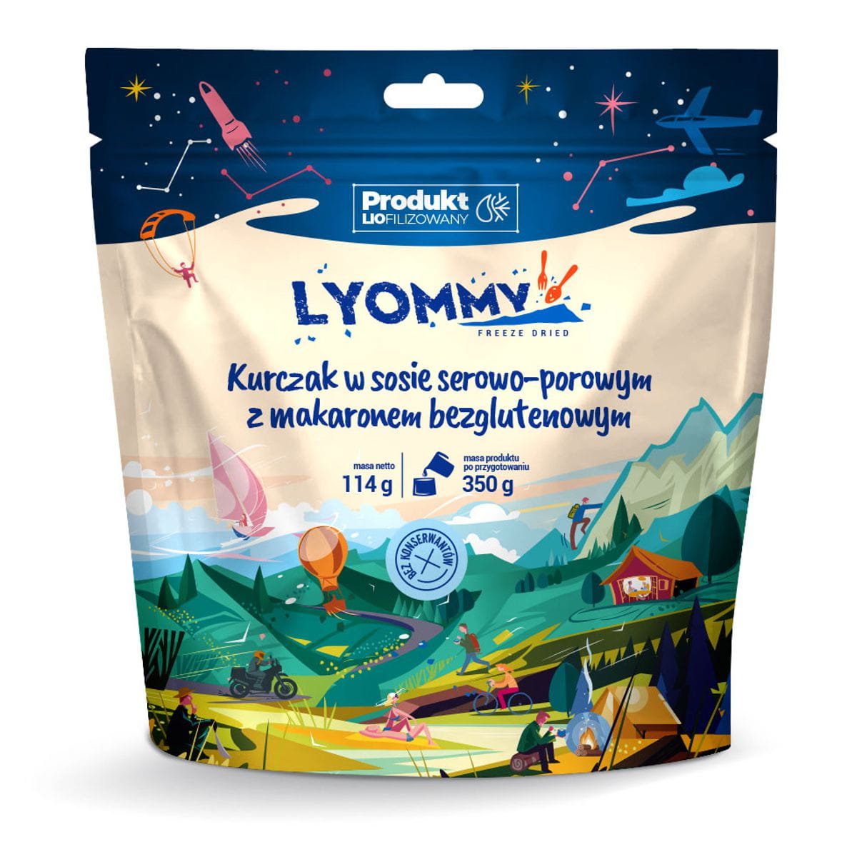 Liofilizat Lyommy Kurczak w sosie serowo-porowym z makaronem bezglutenowym 350g