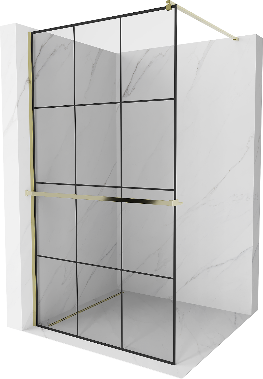 Mexen Kioto+ ścianka prysznicowa z półką Walk-in 100 x 200 cm, czarny wzór, złota - 800-100-121-50-77