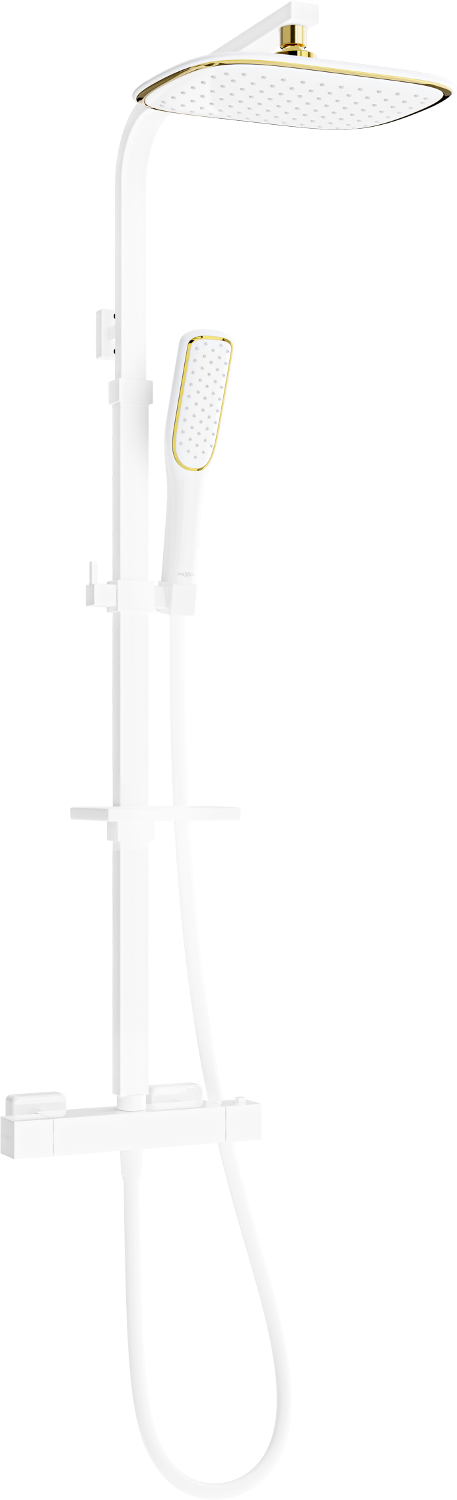 Mexen CQ49 zestaw prysznicowy natynkowy z deszczownicą i baterią termostatyczną, biały/złoty - 772504995-25