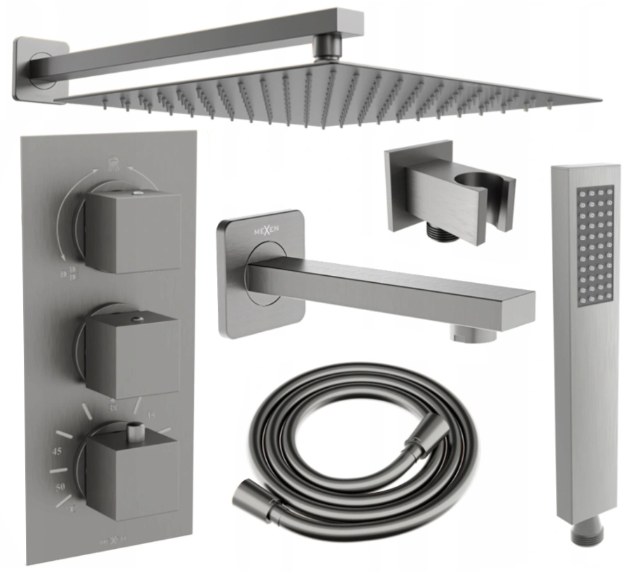 Mexen Cube DR02 zestaw wannowo-prysznicowy podtynkowy z deszczownicą 30 cm, grafit - 77503DR0230-66