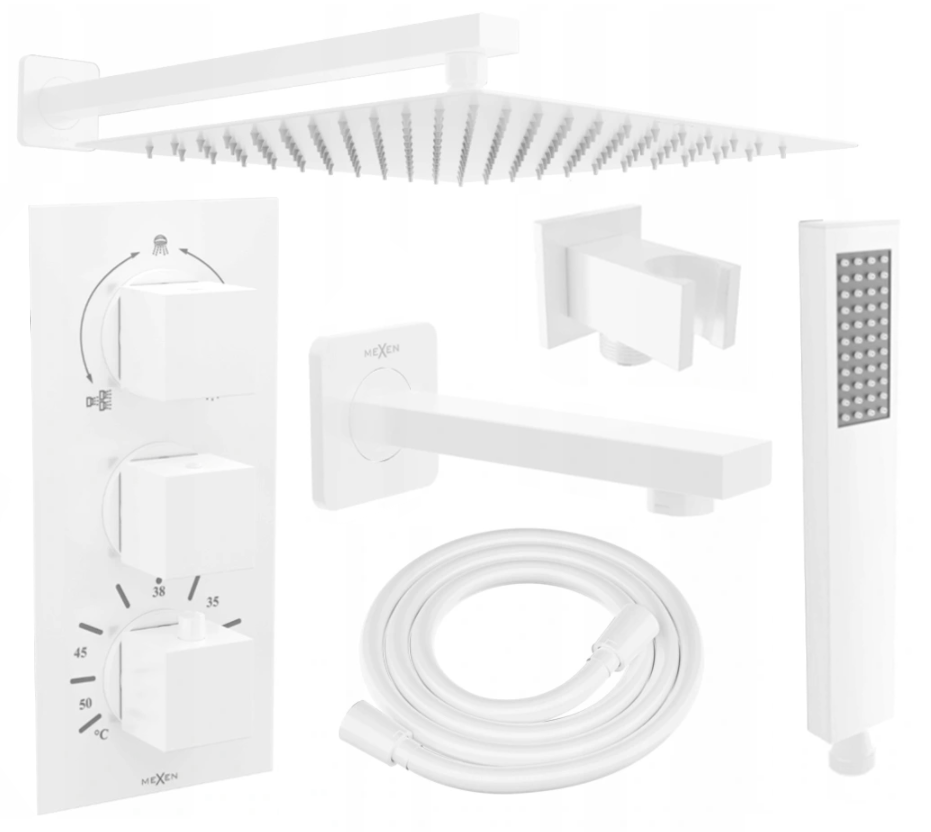 Mexen Cube DR02 zestaw wannowo-prysznicowy podtynkowy z deszczownicą 25 cm, biały - 77503DR0225-20