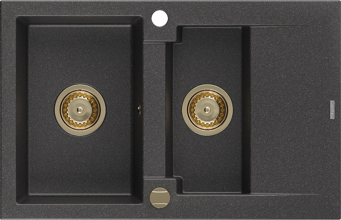 Mexen Gaspar zlewozmywak granitowy 1,5-komorowy z ociekaczem 737 x 475 mm, czarny nakrapiany, syfon złoty - 6507731505-76-G