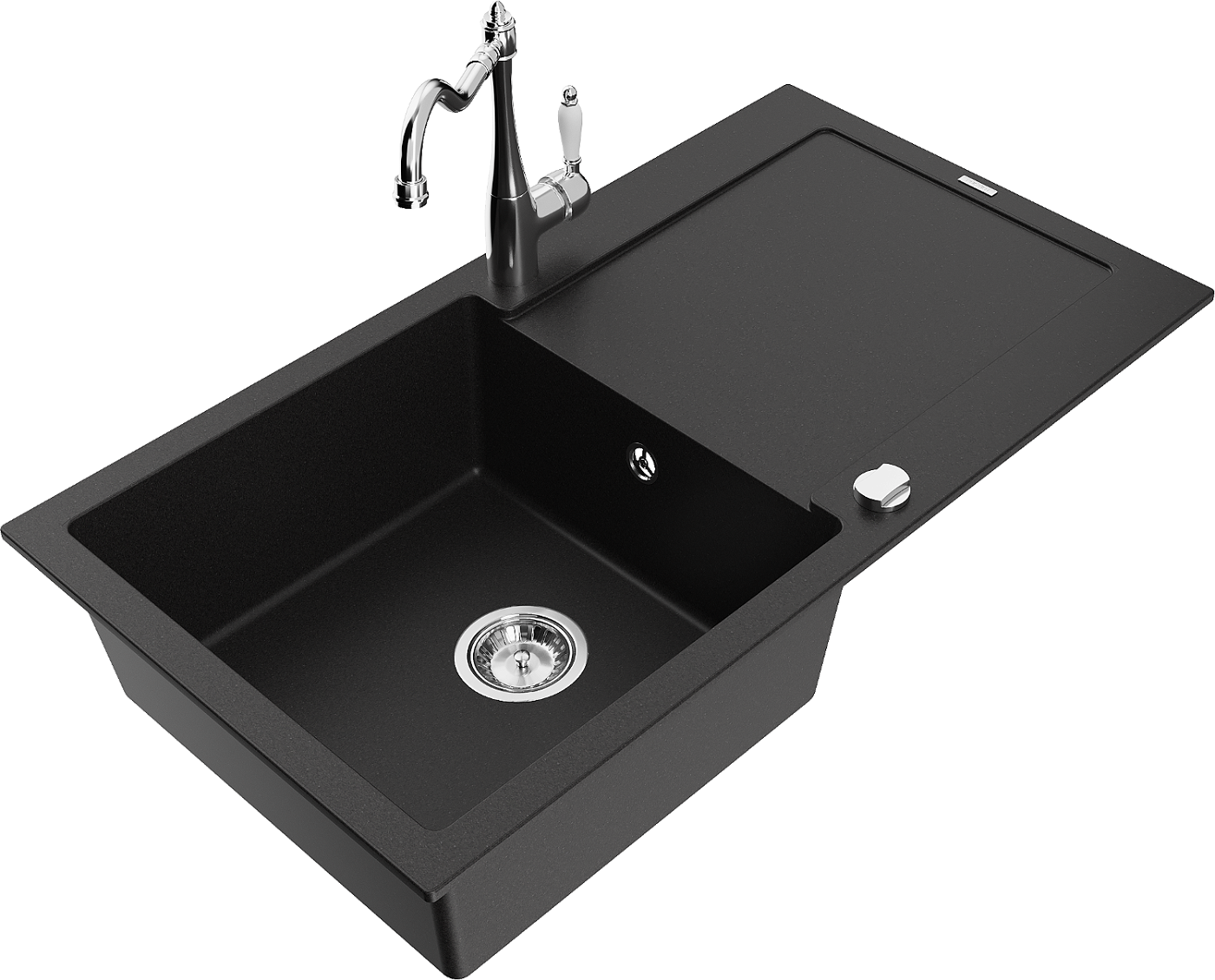 Mexen Leo zlewozmywak granitowy 1-komorowy z ociekaczem i baterią kuchenną Carla, czarny - 6501-77-670700-00