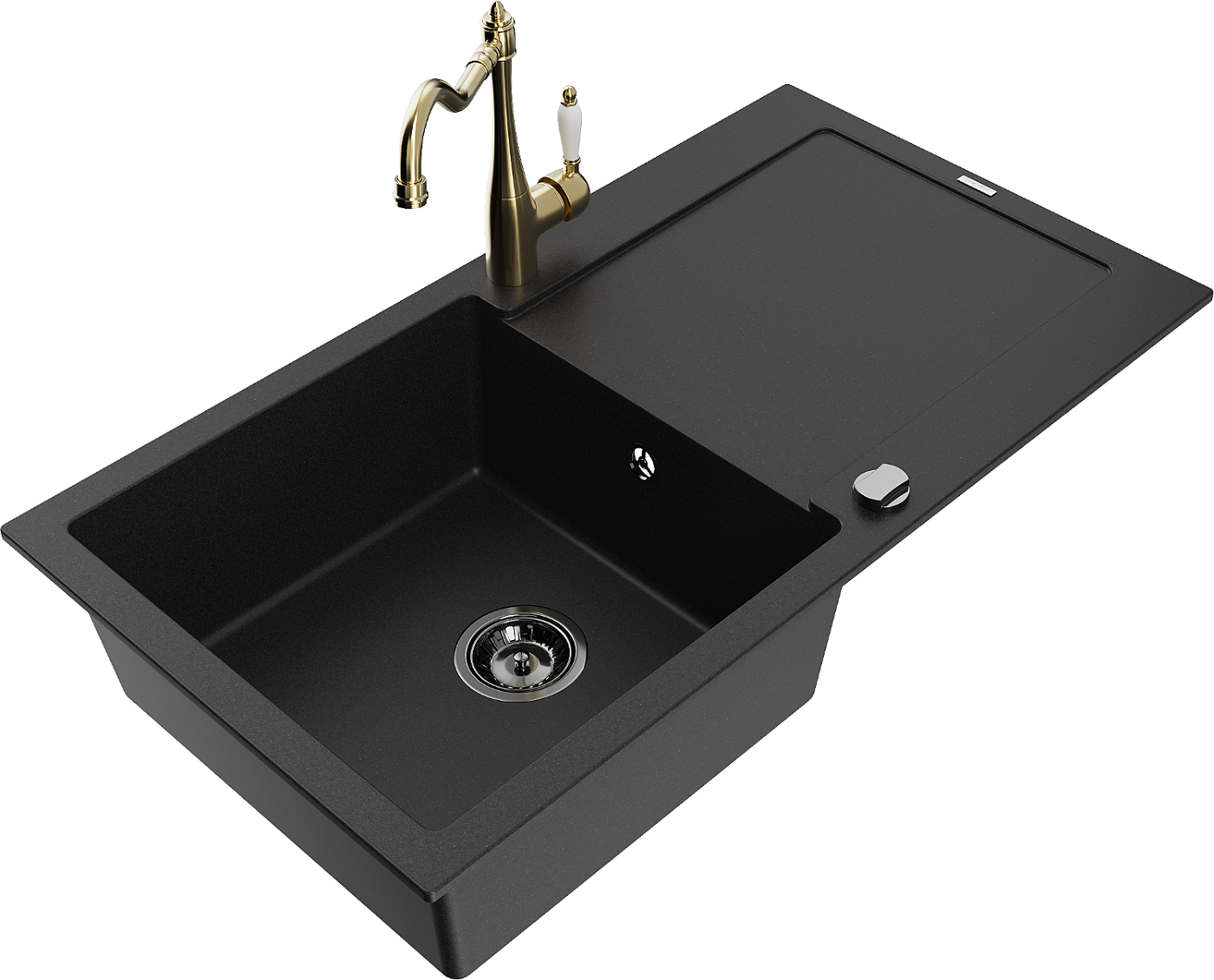 Mexen Leo zlewozmywak granitowy 1-komorowy z ociekaczem i baterią kuchenną Carla, czarny - 6501-77-670700-50-B