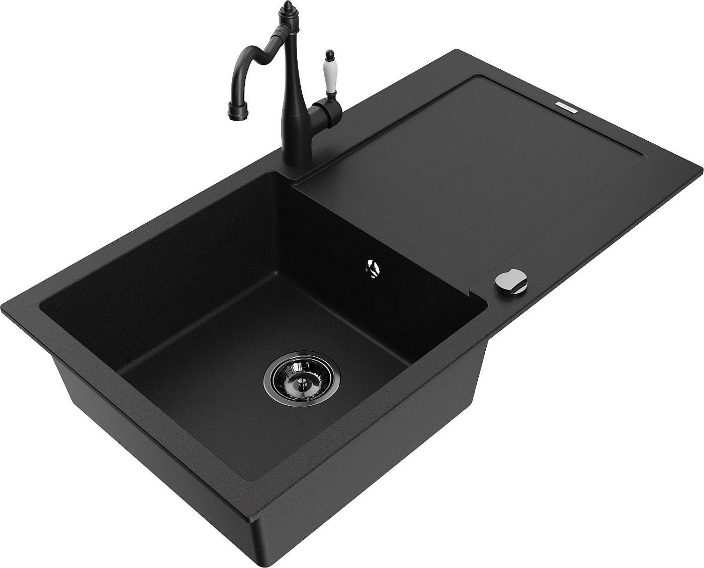 Mexen Leo zlewozmywak granitowy 1-komorowy z ociekaczem i baterią kuchenną Carla, czarny - 6501-77-670700-70-B