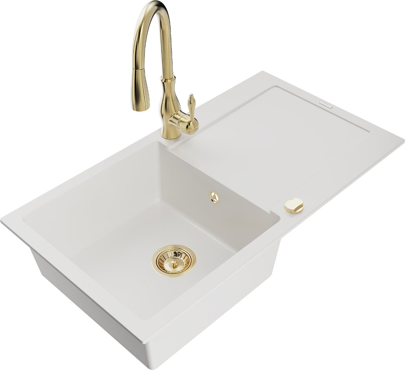 Mexen Leo zlewozmywak granitowy 1-komorowy z ociekaczem i baterią kuchenną Savita, biały - 6501-20-672601-50