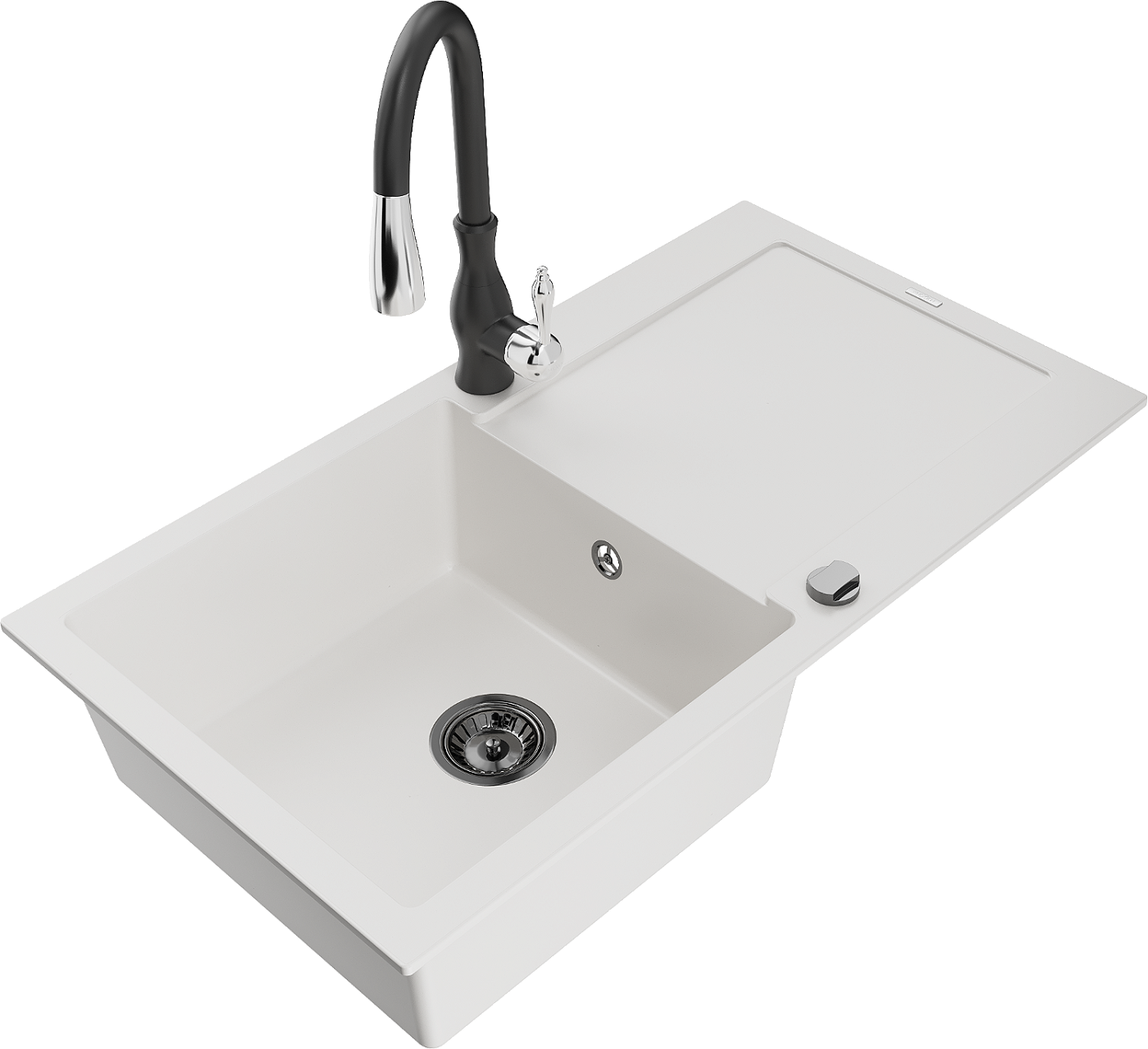 Mexen Leo zlewozmywak granitowy 1-komorowy z ociekaczem i baterią kuchenną Savita, biały - 6501-20-672601-70