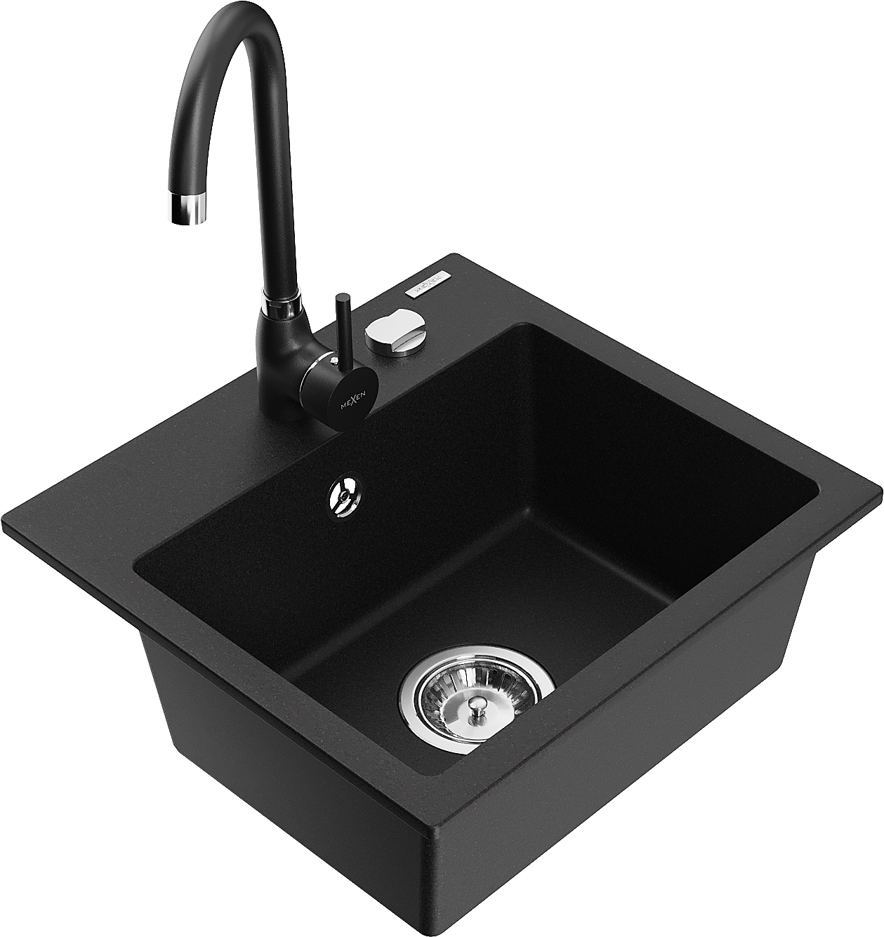 Mexen Milo zlewozmywak granitowy 1-komorowy z baterią kuchenną Telma, czarny - 6505-77-670200-70