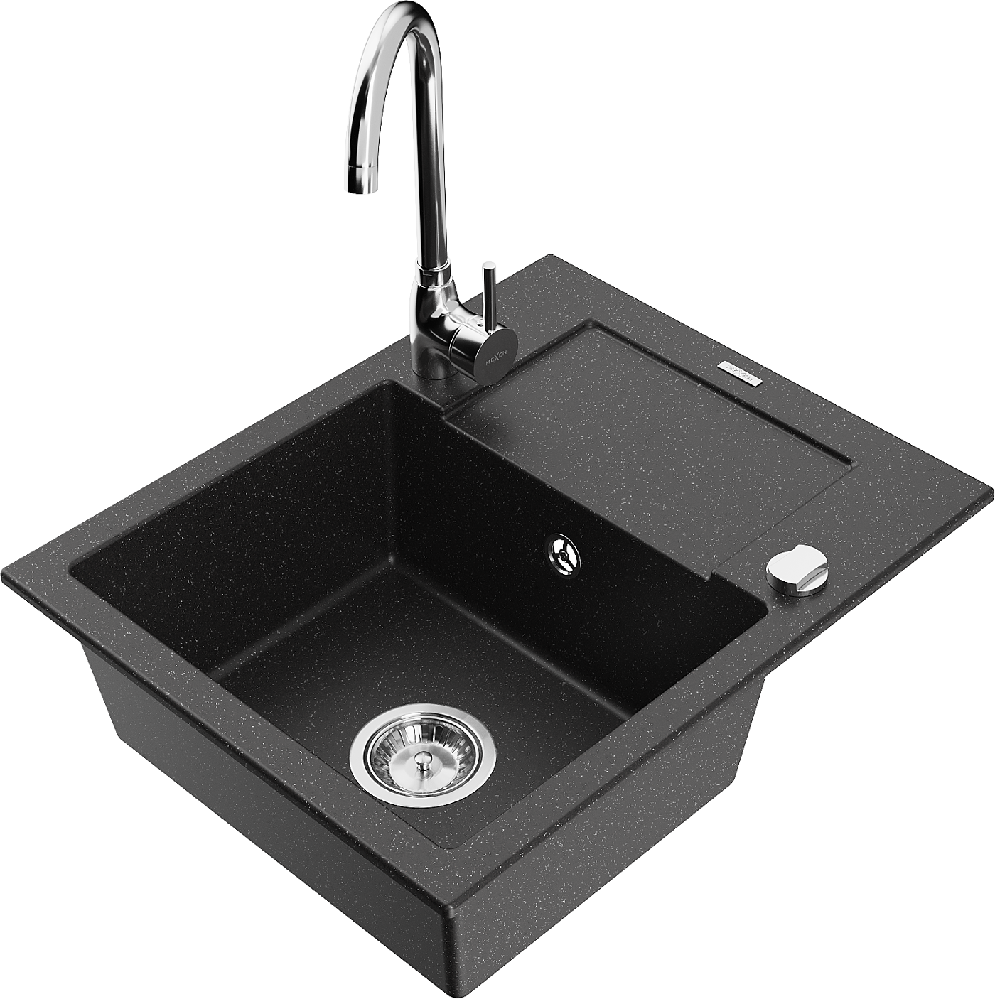 Mexen Enzo zlewozmywak granitowy 1-komorowy z ociekaczem i baterią kuchenną Telma, czarny/srebrny - 6506-73-670200-00