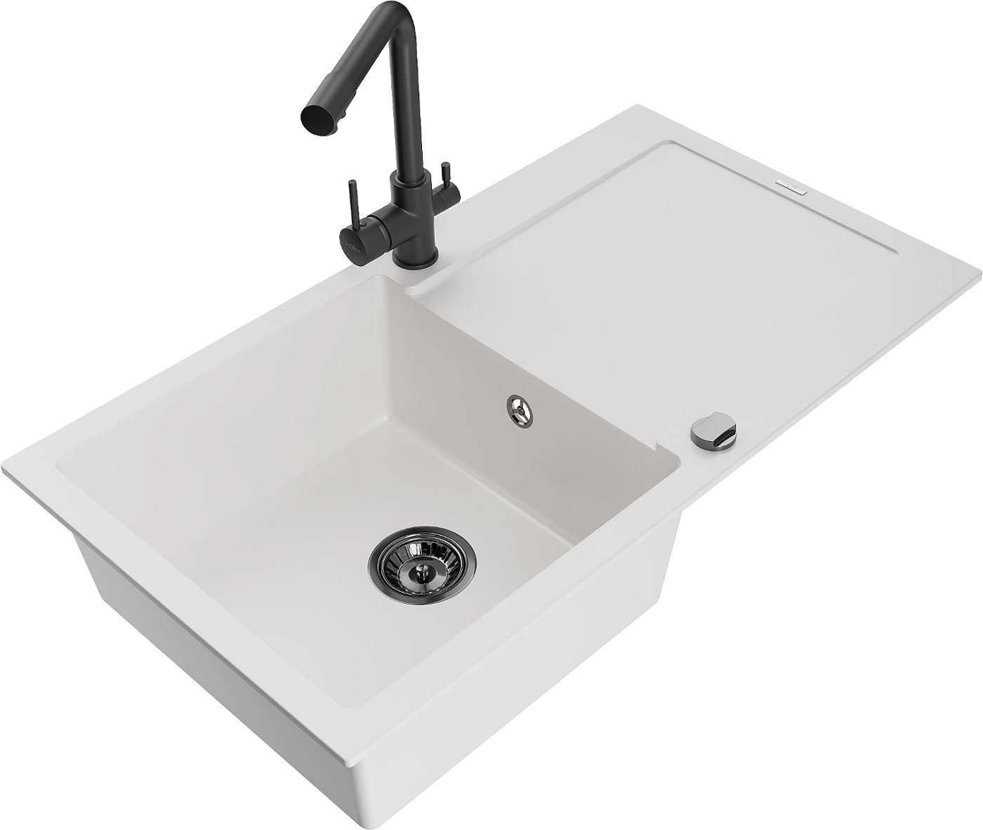 Mexen Leo zlewozmywak granitowy 1-komorowy z ociekaczem i baterią kuchenną Duero, biały - 6501-20-671600-70