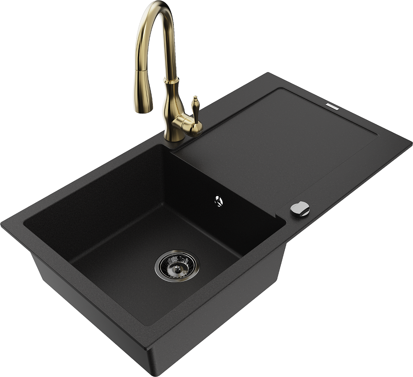 Mexen Leo zlewozmywak granitowy 1-komorowy z ociekaczem i baterią kuchenną Savita, czarny - 6501-77-672601-50-B