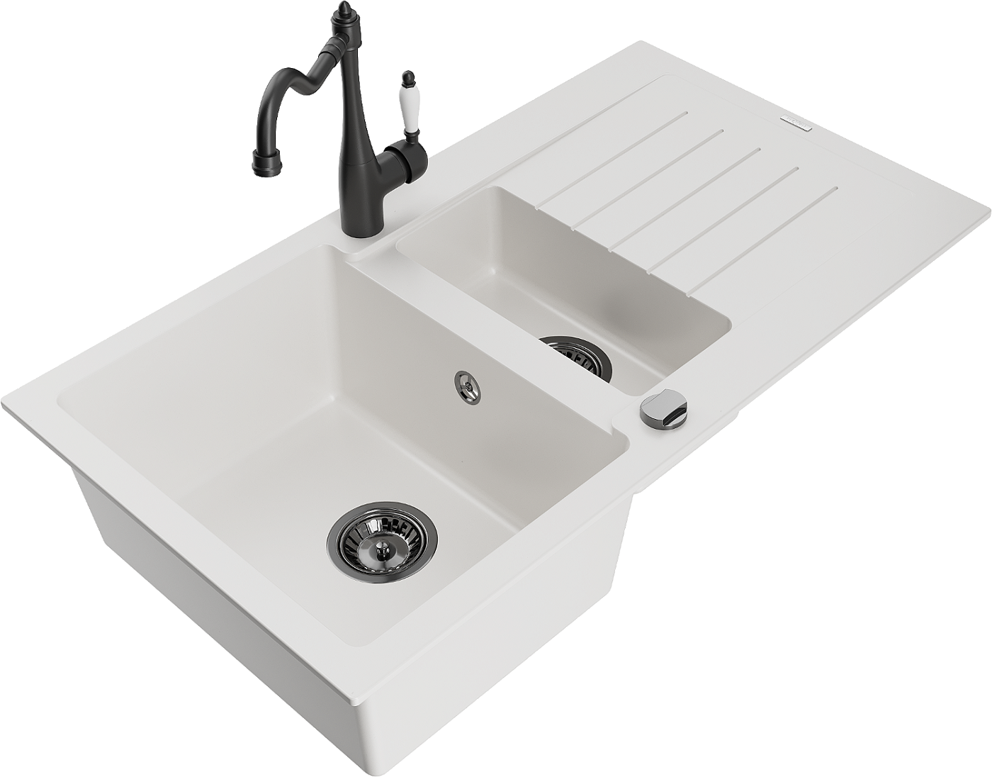 Mexen Matias zlewozmywak granitowy 1,5-komorowy z ociekaczem i baterią kuchenną Carla, biały - 6502-20-670700-70