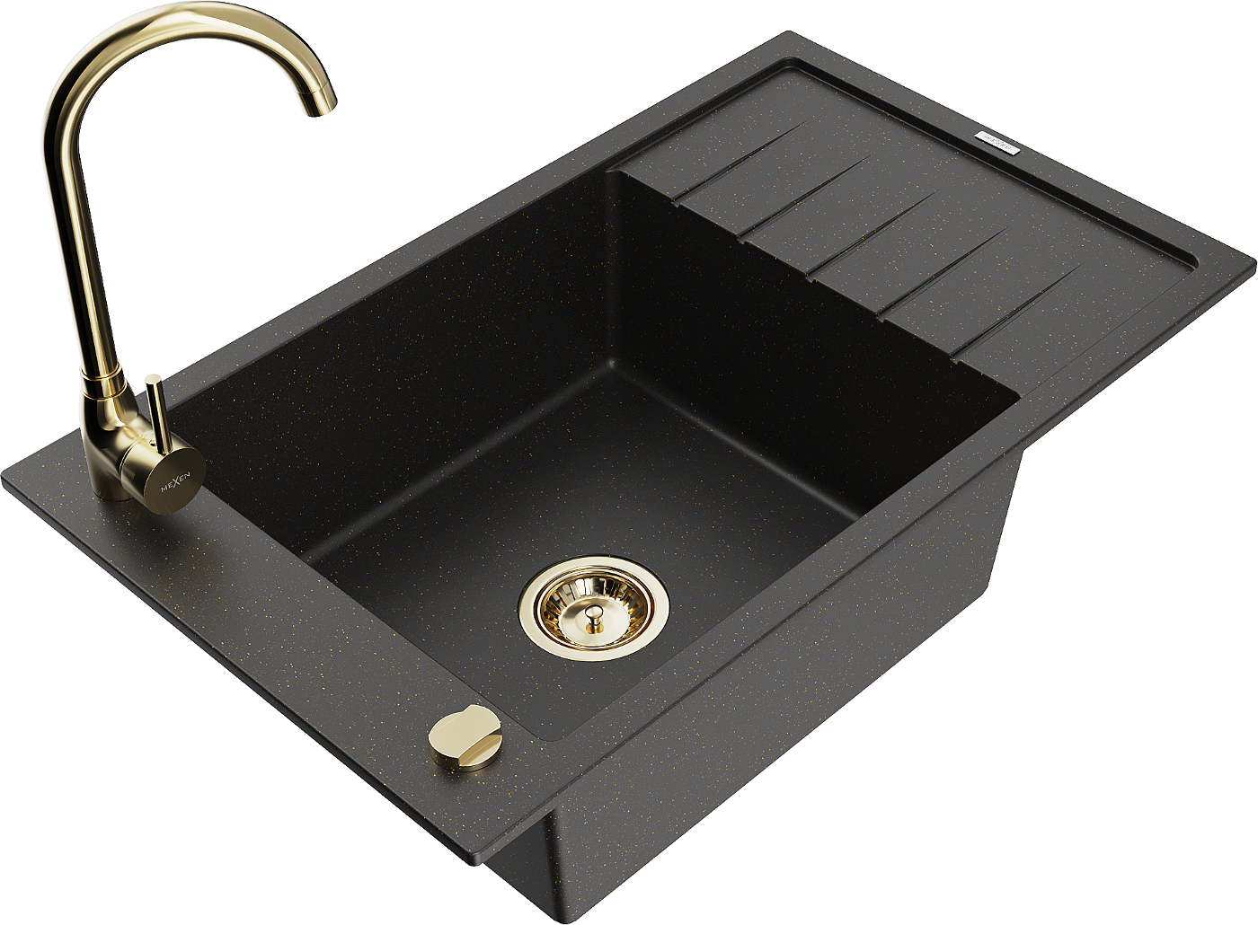 Mexen Elias zlewozmywak granitowy 1-komorowy z ociekaczem i baterią kuchenną Telma, czarny/złoty - 6511-75-670200-50