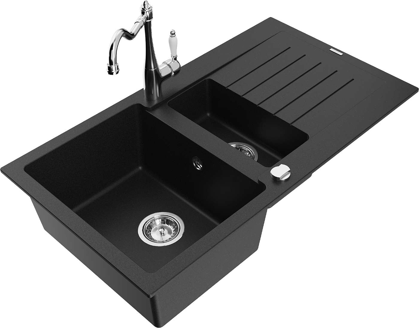 Mexen Matias zlewozmywak granitowy 1,5-komorowy z ociekaczem i baterią kuchenną Carla, czarny - 6502-77-670700-00