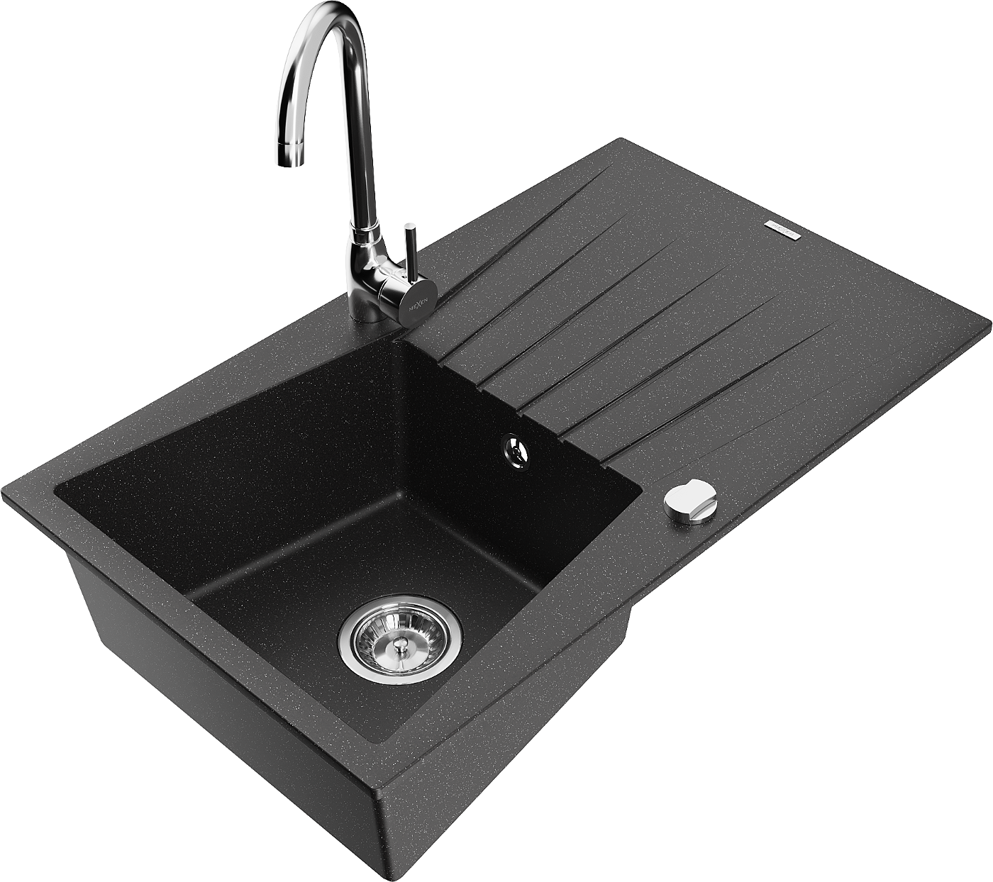 Mexen Cesar zlewozmywak granitowy 1-komorowy z ociekaczem i baterią kuchenną Telma, czarny/srebrny - 6514-73-670200-00